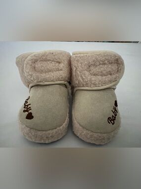 Plush Cream Kids Slip-On Booties with Heart Accent